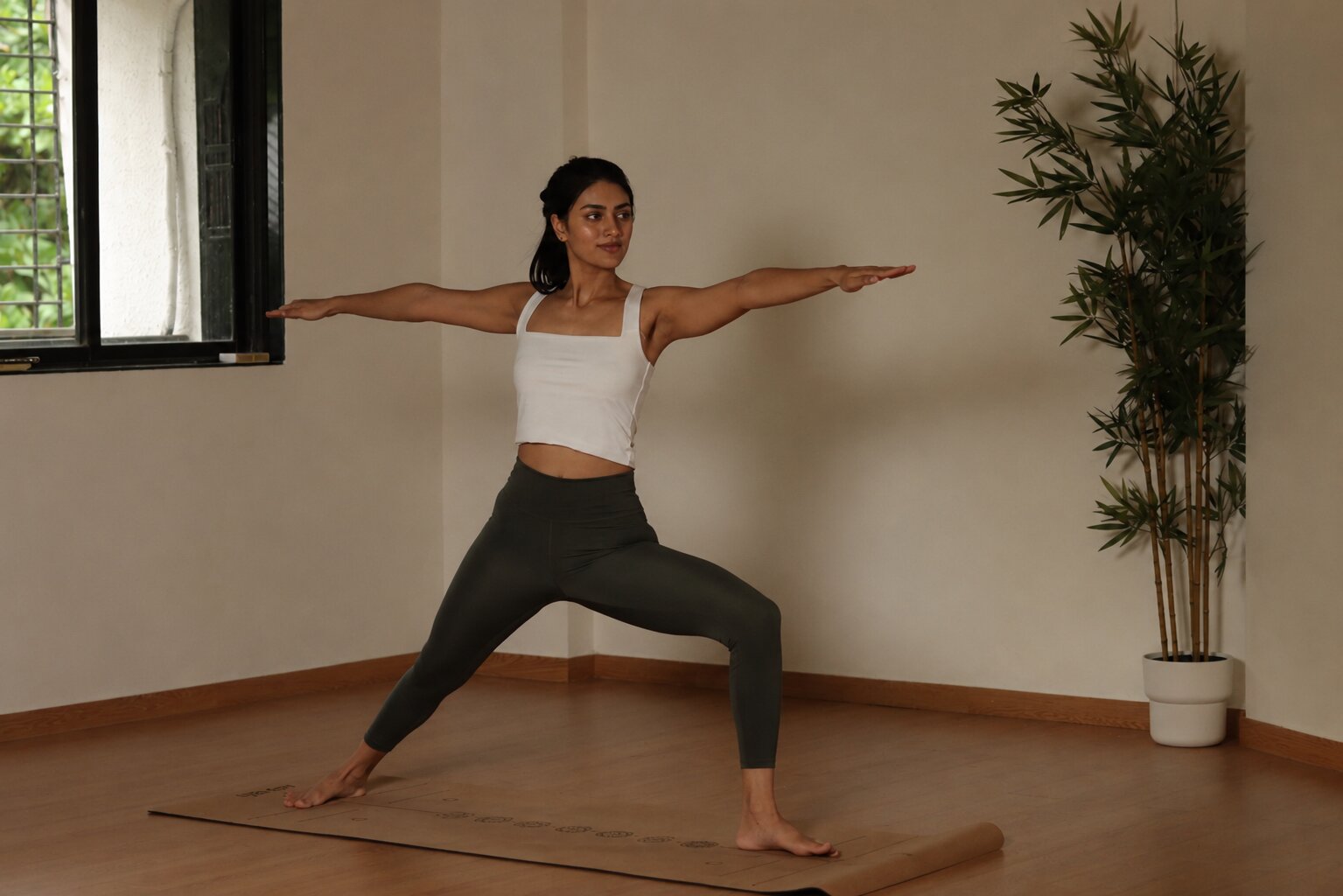 Virabhadrasana II, Warrior II standing pose practised at Green Tara Yoga Studio in Navi Mumbai